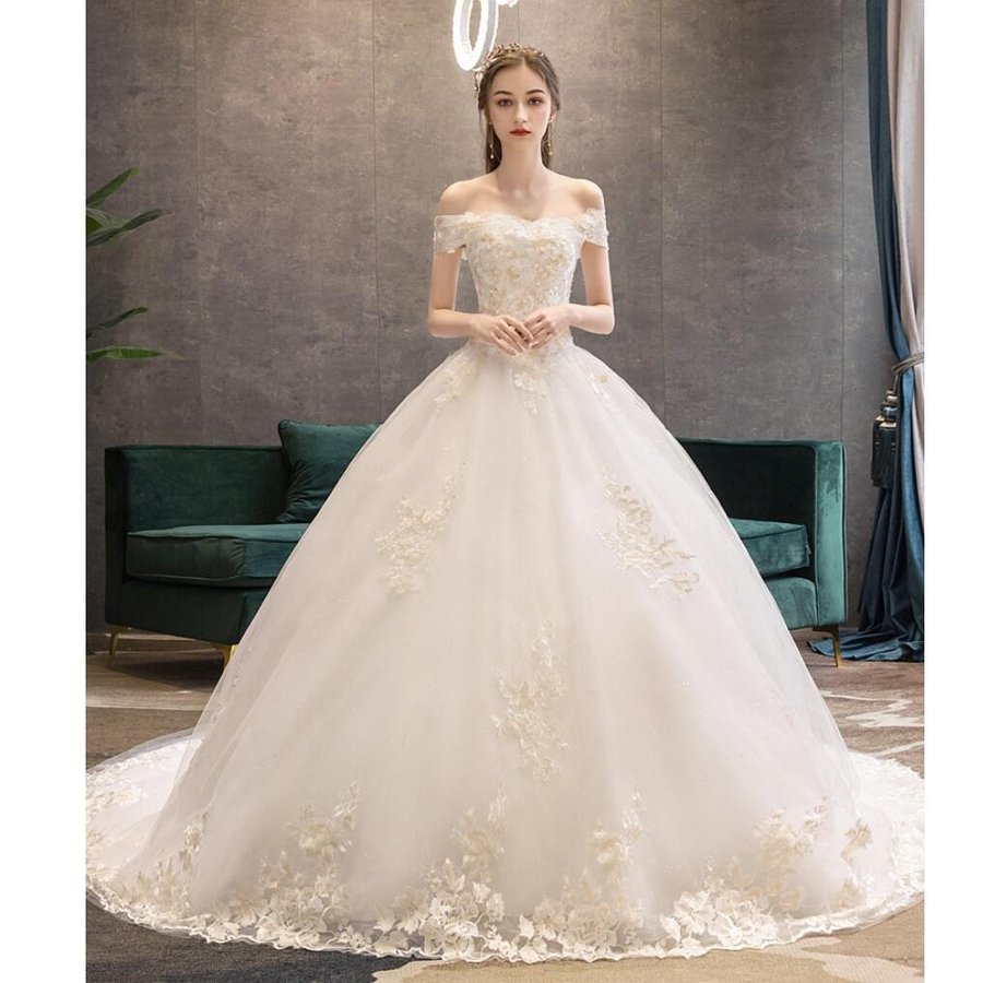 トレーンドレス ウエディングドレス オフショルダー パーティードレス ステージ衣装 二次会 結婚式ド