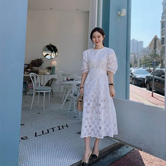 【取寄：納期2週間】ワンピース レディース 大きいサイズ レース ロングワンピース コットン 夏 春 ウエストリボン Aラインワンピース ミモレ丈ワンピース エレガント カジュアル パフスリーブ