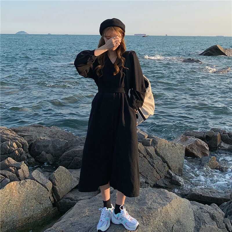 ワンピース ロング丈 袖あり 長袖 Vネック 前開き かわいい 大人可愛い きれいめ おしゃれ 無地 春 秋 冬 10代 20代 30代 40代 レディース ママ 学生 通学 デート お出かけ 女子会