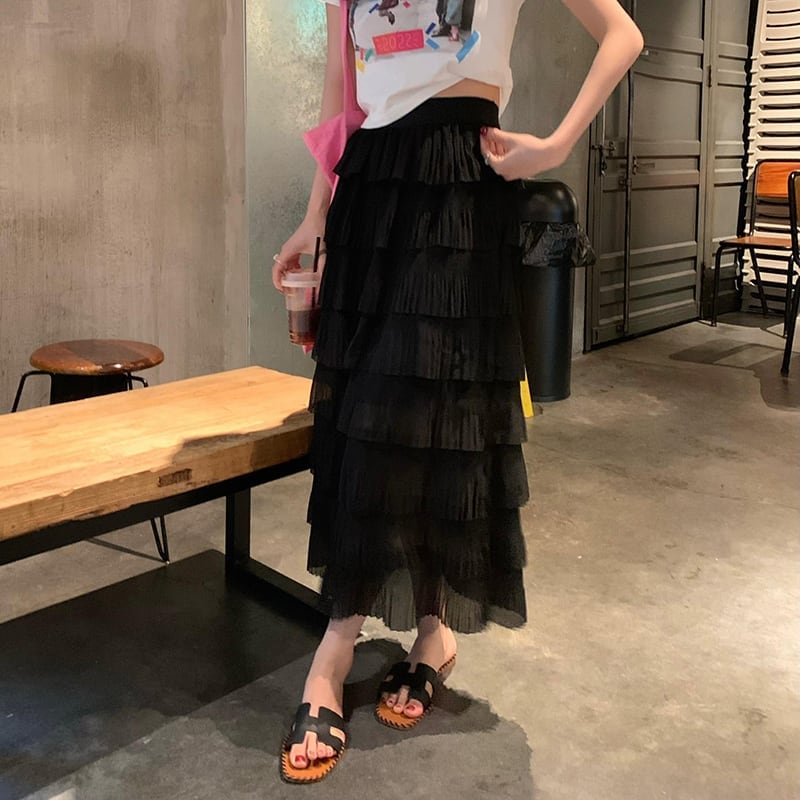 スカート ボトムス ロング丈 フレア チュール 無地 ティアドスカート シフォン 透け感 シアー シースルー ギャザー ウエストゴム ボリューム モード ハイウエスト ワイド ゆったり lbot00