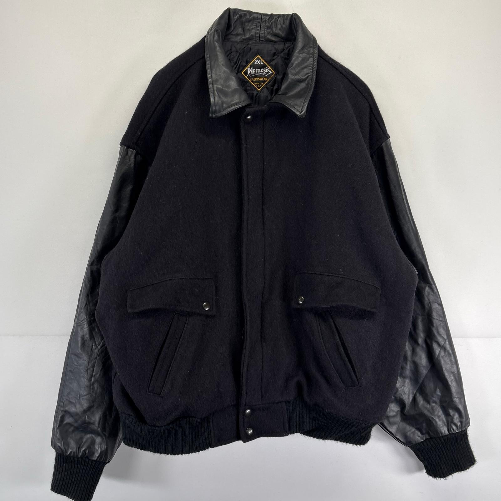 古着 ネメシス Nemesis USA製 ウールジャケット 袖レザー 襟レザー 大きいサイズ フルジップ 2XL ブラック メンズ