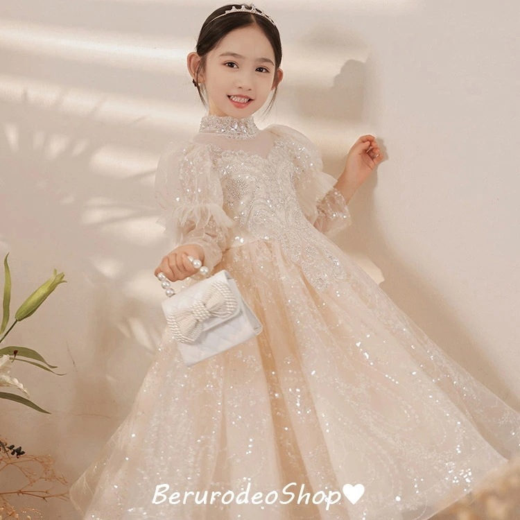 子供ドレス ロングドレス ピアノ発表会 シャンパン色 スパンコール キラキラドレス 女児ドレス 立ち襟 パフスリーブ 可愛い 演奏会ドレス 女の子 プリンセスドレス キッズドレス 長袖 子供ピアノ用