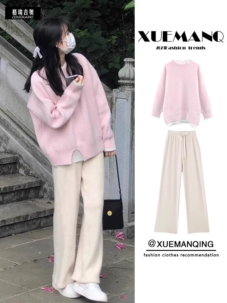 セットアップ 新品掲載！レディース フェイクツーウェイ セットアップ セットアップ ルーズフィット カワイイ系 セットアップ ニットトップス＆ワイドパンツ カジュアルコーデ セットアップ スウェット