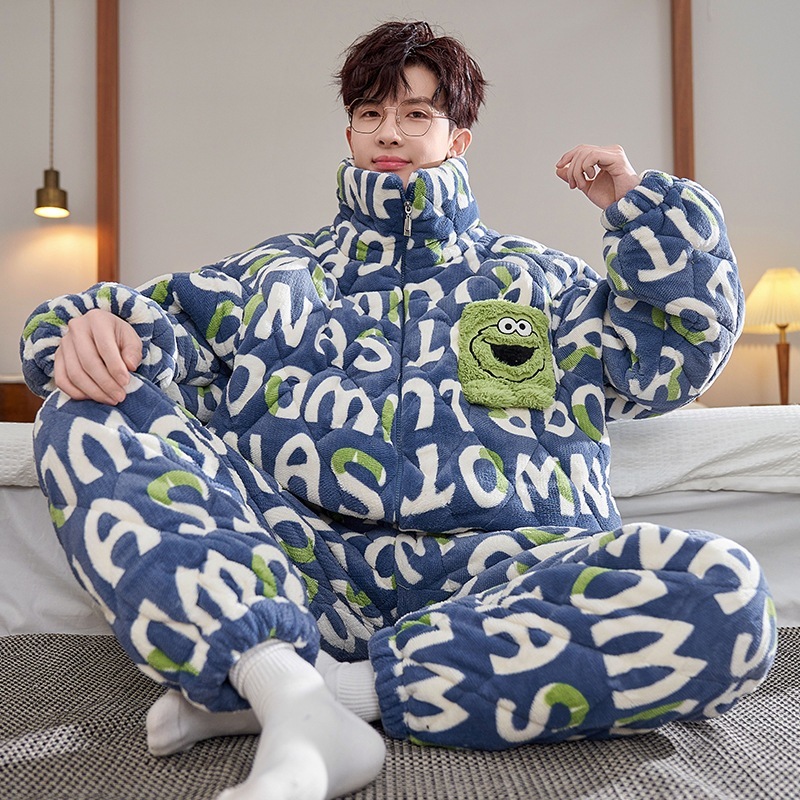 セサミストリートの男性用パジャマ秋冬の3層挟み綿サンゴ絨毯厚手加絨毯冬のフランネルの部屋着