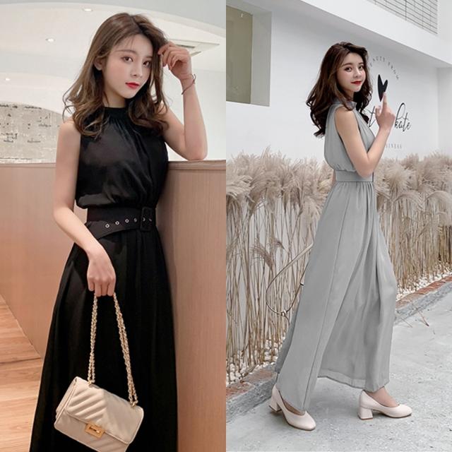 ワンピース ドレス ロング パーティードレス 黒 レディース ロング丈 マキシ丈 結婚式 お呼ばれドレス おしゃれ きれいめ 袖なし ハイネック シフォン ハイウエスト ノースリーブ ベルト付 ロング