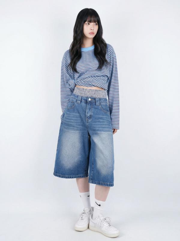 二重デニムバミューダパンツ ブルー UNISEX