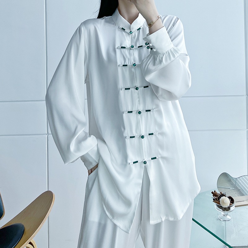 チャイナ風セットアップ 薄手チャイナ 太極拳 服 夏 チャイナシャツ 上下セット 白 スタンドカラー 中華風トップス+ズボン チャイナ風普段着