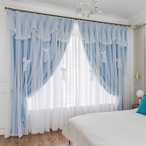 韓国の中空星遮光カーテンリビング寝室布糸一体型完成カーテン