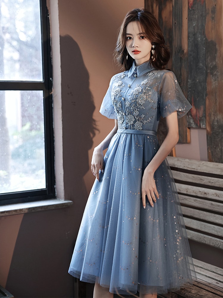 8027カラードレス　ミディアムドレス　ブルー レース パーティードレス イブニングドレス　発表会　披露宴　演奏会　大きいサイズ 　小さいサイズ 5,170円