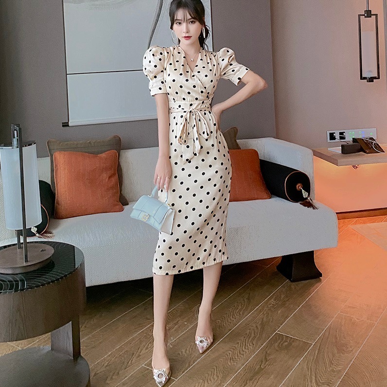 ワンピース レディース ドレス S M L 韓国 膝丈 ひざ丈 袖あり 半袖 パフスリーブ カシュクール タイト ウエストマーク ウエストリボン 透け感 かわいい 大人可愛い きれいめ シンプル 上品