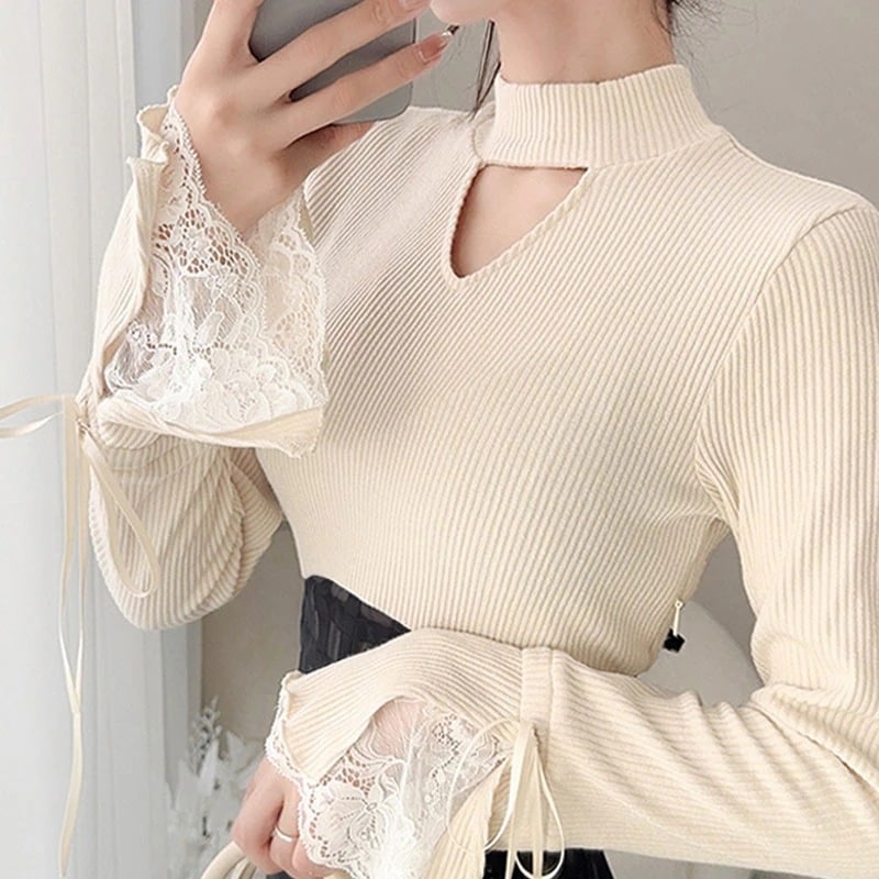 milybilet ワンピース レディース 袖口 レース リブ ニット ドッキング ワンピ フレア袖 リボン使い シアー チェック柄 透け感 レースアップ仕様 スタイルアップ 高見え 大きいサイズ