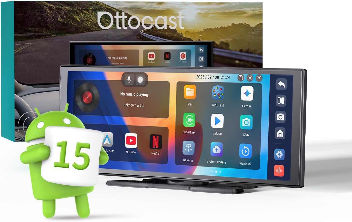 OTTOCAST オットキャスト Screen AI スクリーンAI ポータブルディスプレイオーディオ Android15 Gemini対応 AI音声操作 GPS搭載 ワイヤレスCarPlayAndr