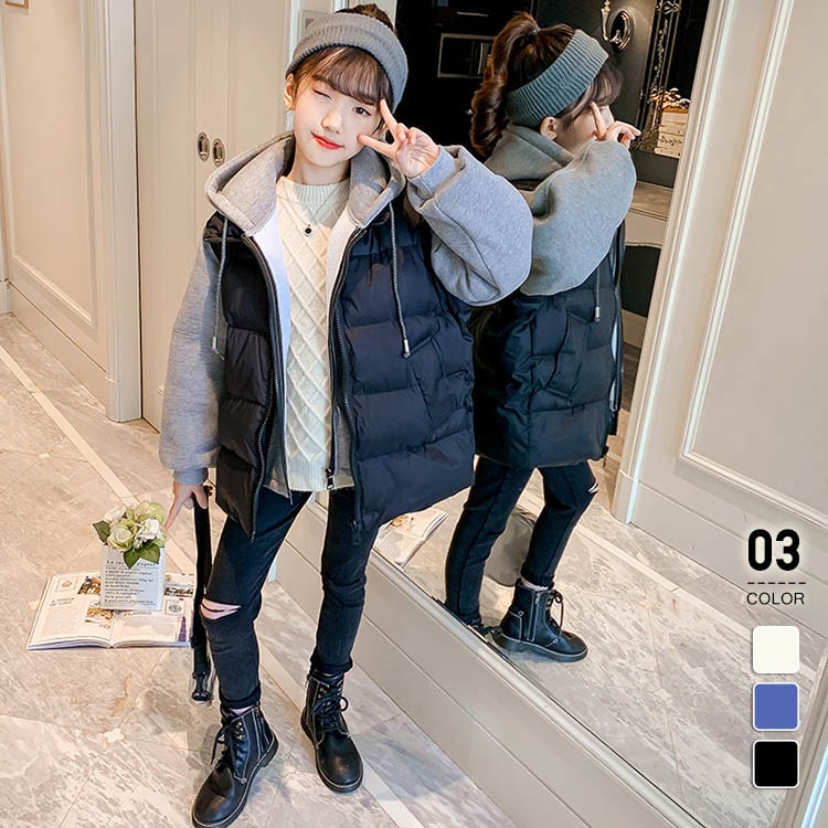 コート キッズ 女の子 アウター フード 切り替え 子供 服 ダウンジャケット 防寒 かわいい 保育園 暖かい 中綿 ダウンコート パーカー ジャンパー フェイクレイヤード 120 130 140 1