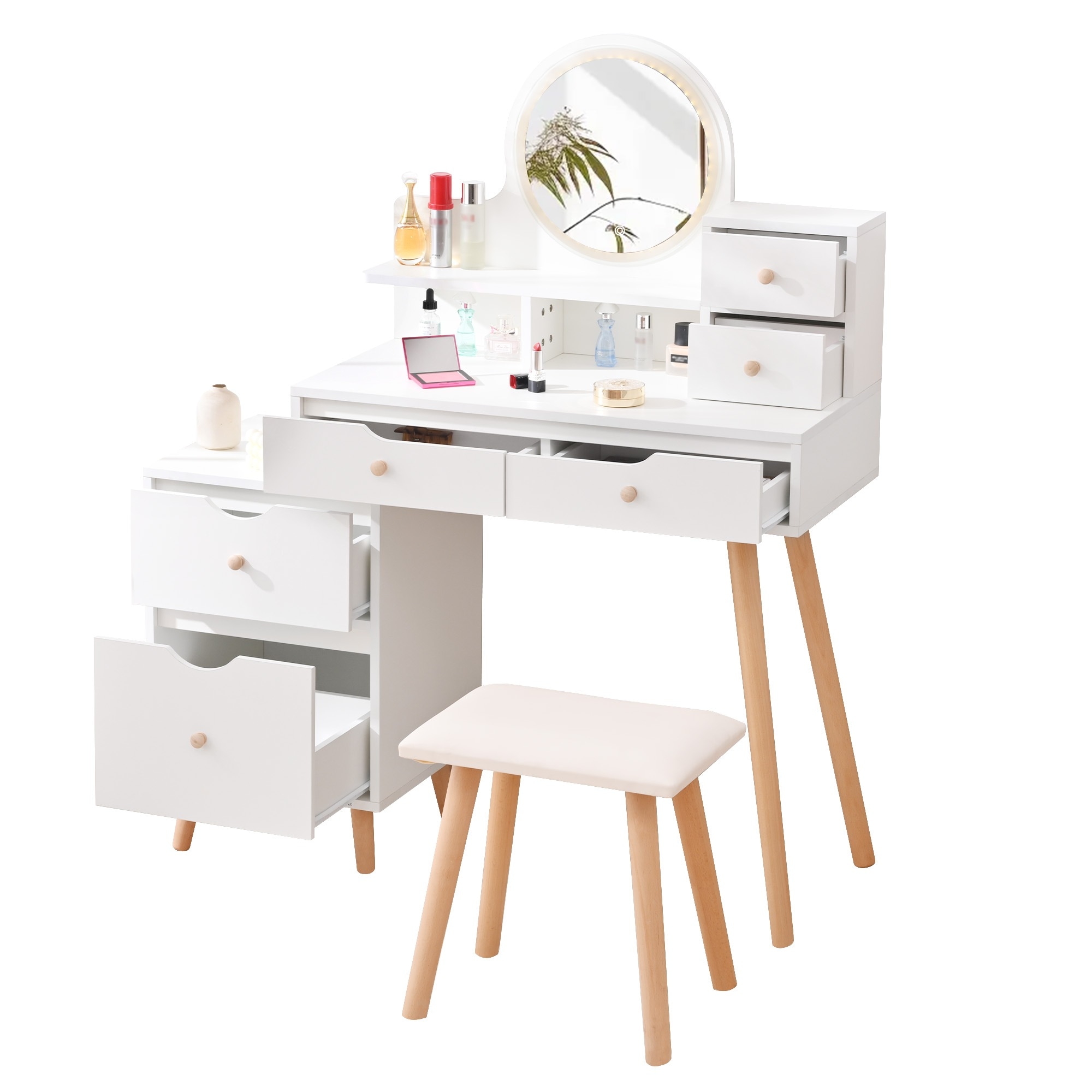 ドレッサー化粧台 テーブル 鏡台 LEDライト付き スツール付き 引き出し 収納 サイド収納 メイク台 シンプル 大容量 可愛い