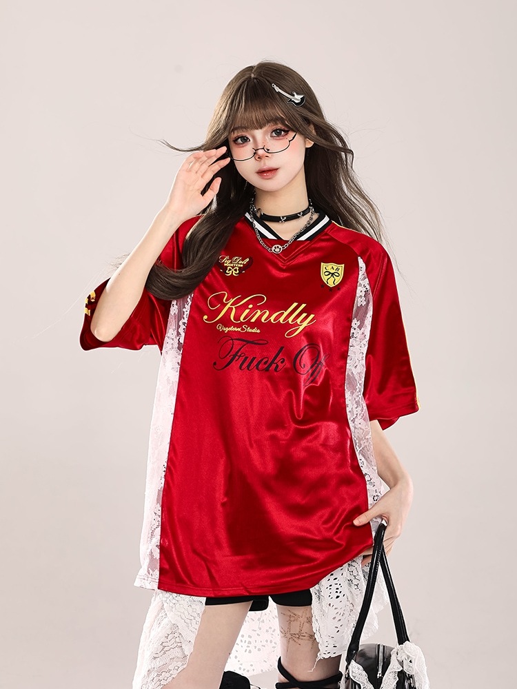 2025春夏 韓国可愛い風トップス レース切り替え 半袖 Tシャツ K-PPファッションストリート系サイド丈フットシルエットシャツ衣装レディースサイズVネックユニセックスおしゃれダンスラグラン配色