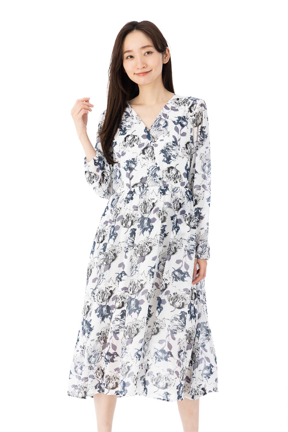 Bou Jeloud(ﾌﾞｰｼﾞｭﾙｰﾄﾞ) サイズ38 長袖 華やかで上品な花柄が目を惹く大花柄ワンピース ホワイト