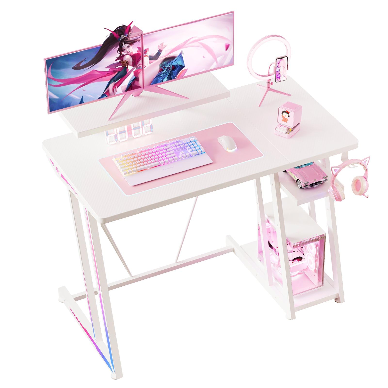 ゲーミングデスク 100cm 2段収納棚付き 高さ調整可能 カーボン製ゲームデスク 60cmモニター支架(eスポーツ/在宅ワーク対応)ホワイト 31768