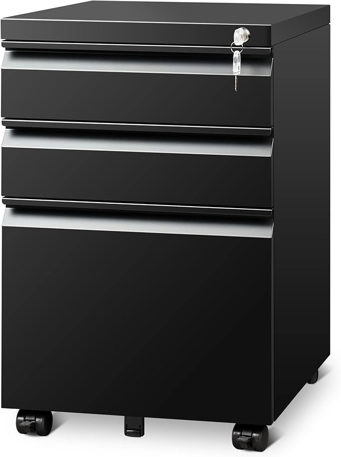 サイドワゴン キャビネット オフィスワゴン 袖机 キャスター付き 鍵付き 3段オールロック 大容量 A4対応 幅390*奥行480*高さ600mm 丈夫なスチール製 サビ止め塗装 ブラック