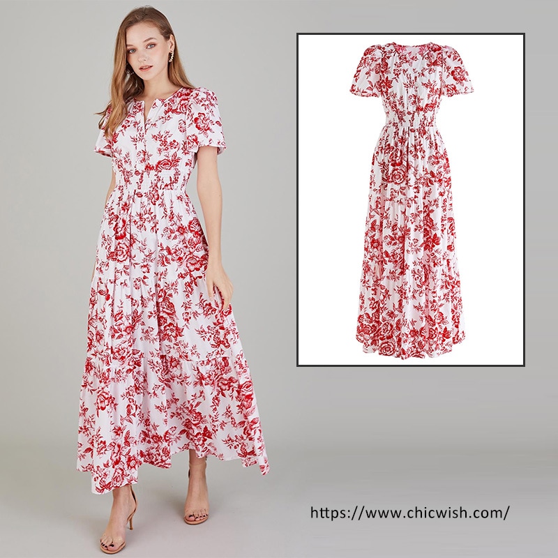半袖バブルスリーブ 赤い花柄プリントマキシワンピース