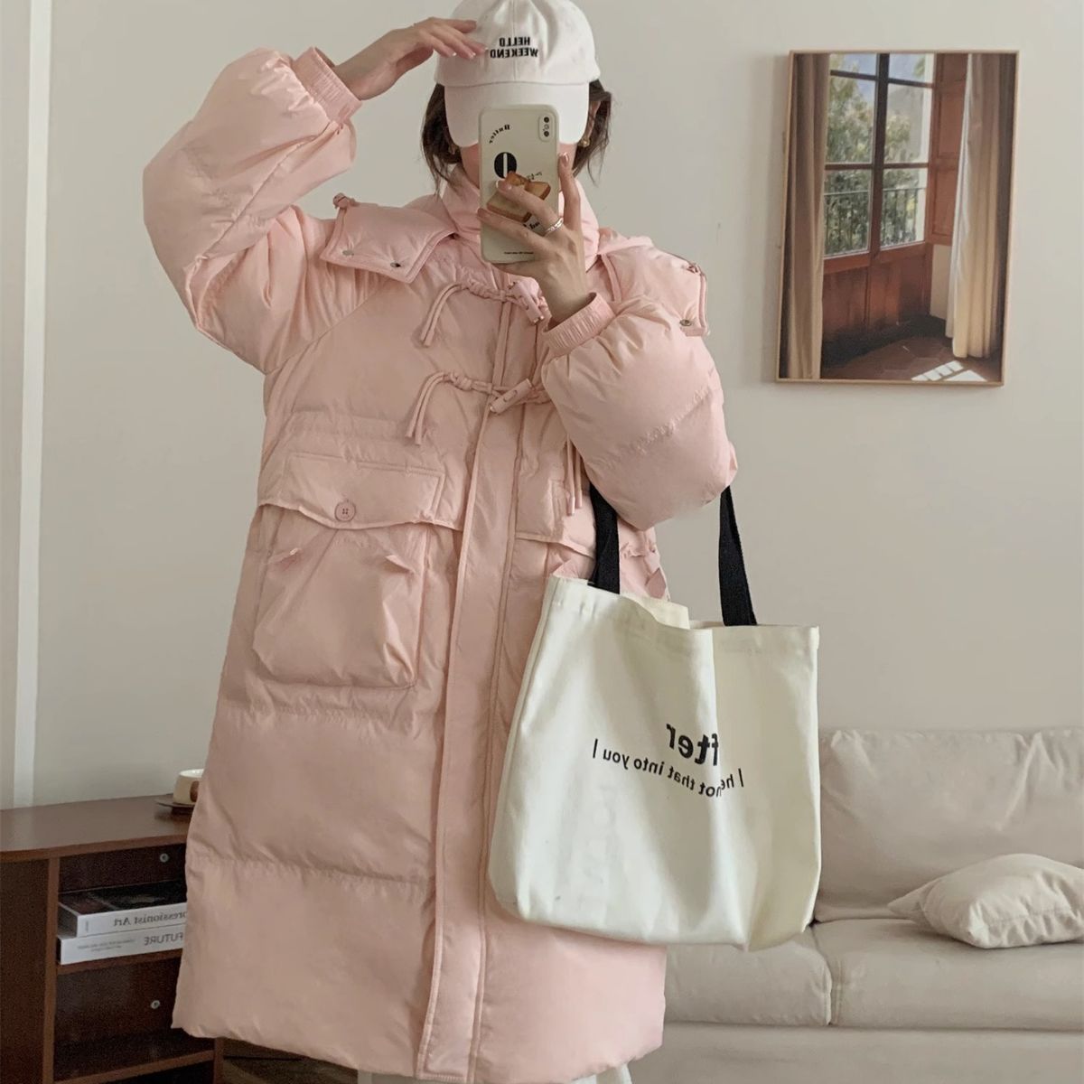 オフシーズン ダウンジャケット レディース 2025冬 新入生 韓国風 膝上 ゆったり フード付き ミドル丈 厚手 ジャケット トレンド