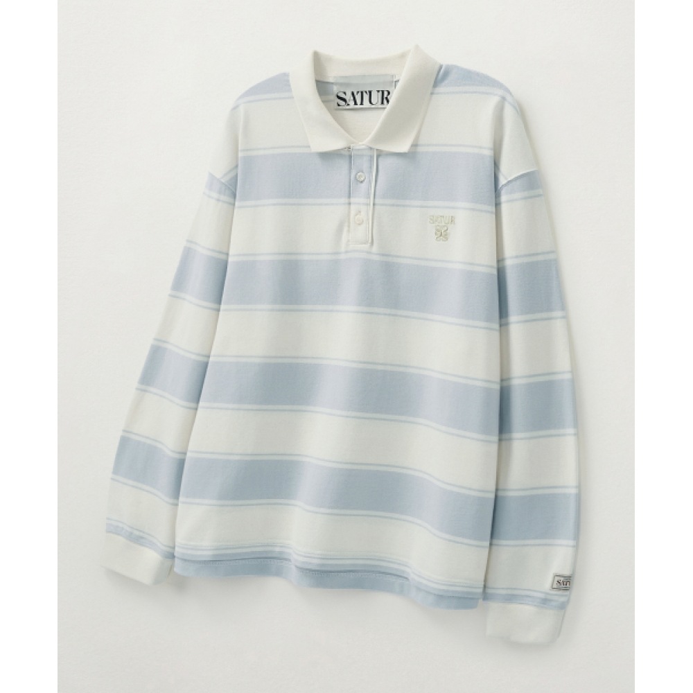 SATUR ラグビー ストライプ ピケ ロングスリーブ スカイブルー