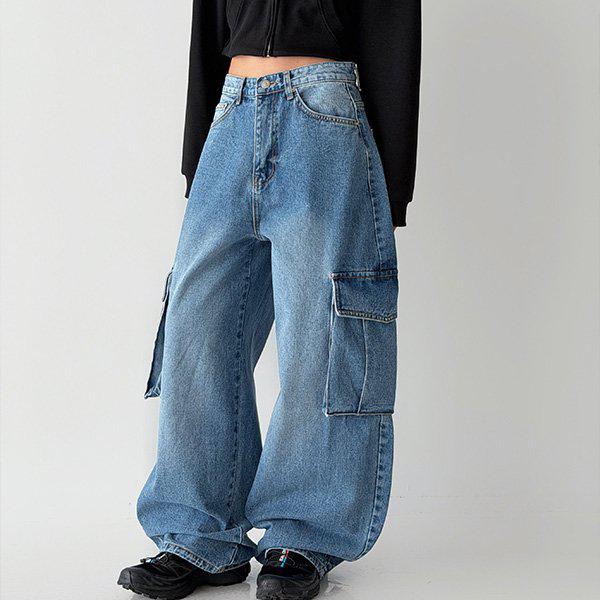 Hスタイル(JN)1000カーゴワイドデニムパンツ 春 レディース ジーンズ デニムパンツ ワイドパンツ コンパン ズボン ストレートパンツ ジーパン スラックス