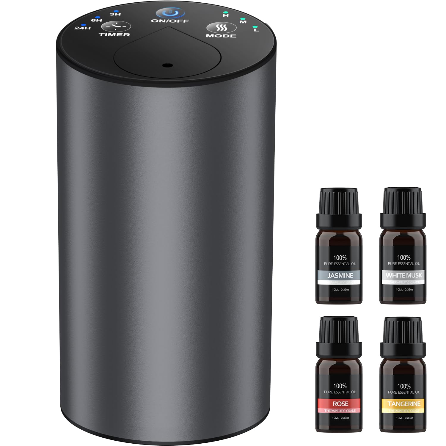 Amison 車用 ディフューザー 芳香剤 精油10mL X4本付 水なし自動噴霧式 アロマ ネブライザー 2400mAhバッテリ内蔵 充電式 静音 アロマディフューザー ミスト量調整 タイマー機能