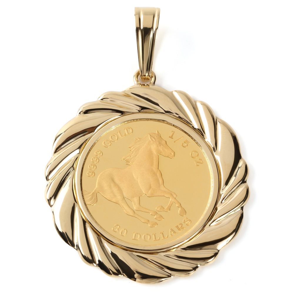 純金 K24 ホース 馬 1/5oz 金貨 コイン ペンダントトップ K18 デザイン枠 新品 メ