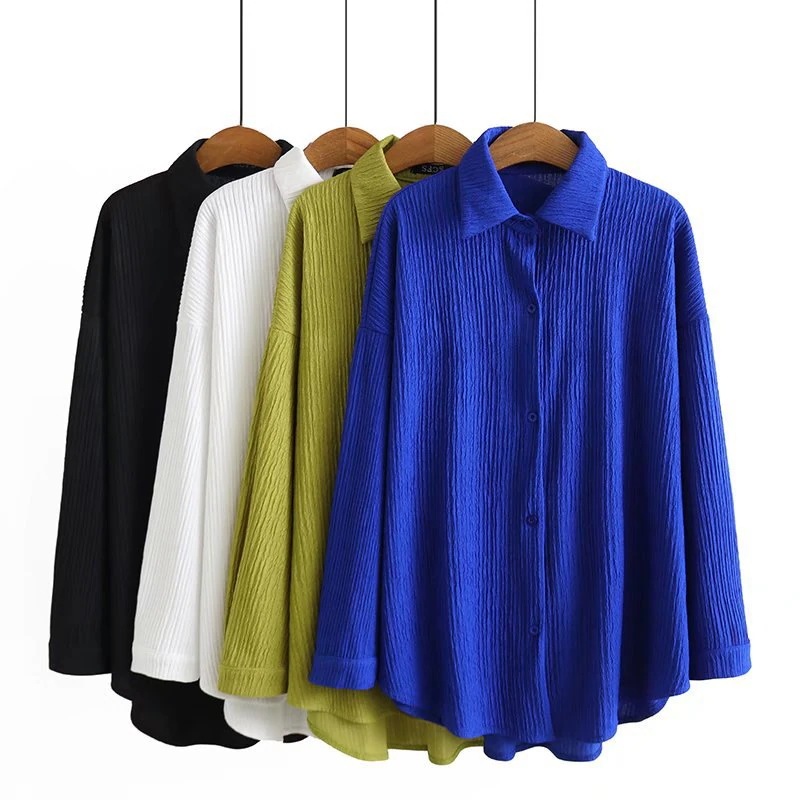 【1つ買うと10つ無料】脂肪 大規模2025スプリングスタイルファッションカジュアルカジュアル女性のしわ布ソリッドシャツ