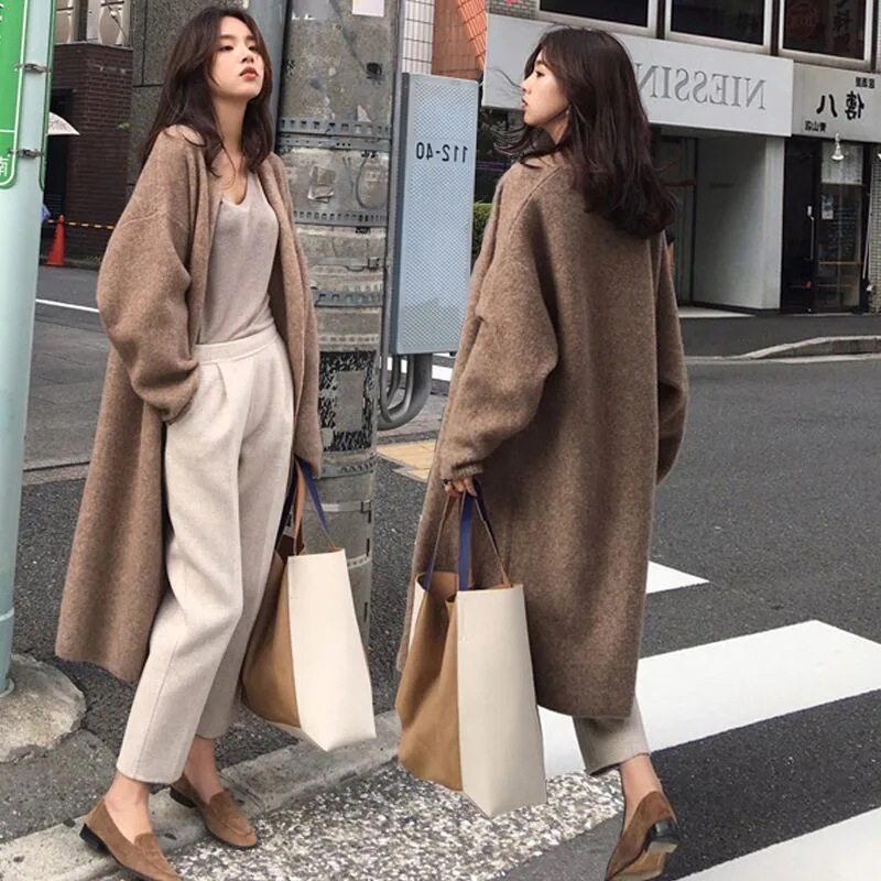 レディース カーディガン ニット 厚手 ざっくり ゆったり ロング丈 長袖 無地 ベーシックカラー 春秋 アウター トップス 韓国ファッション