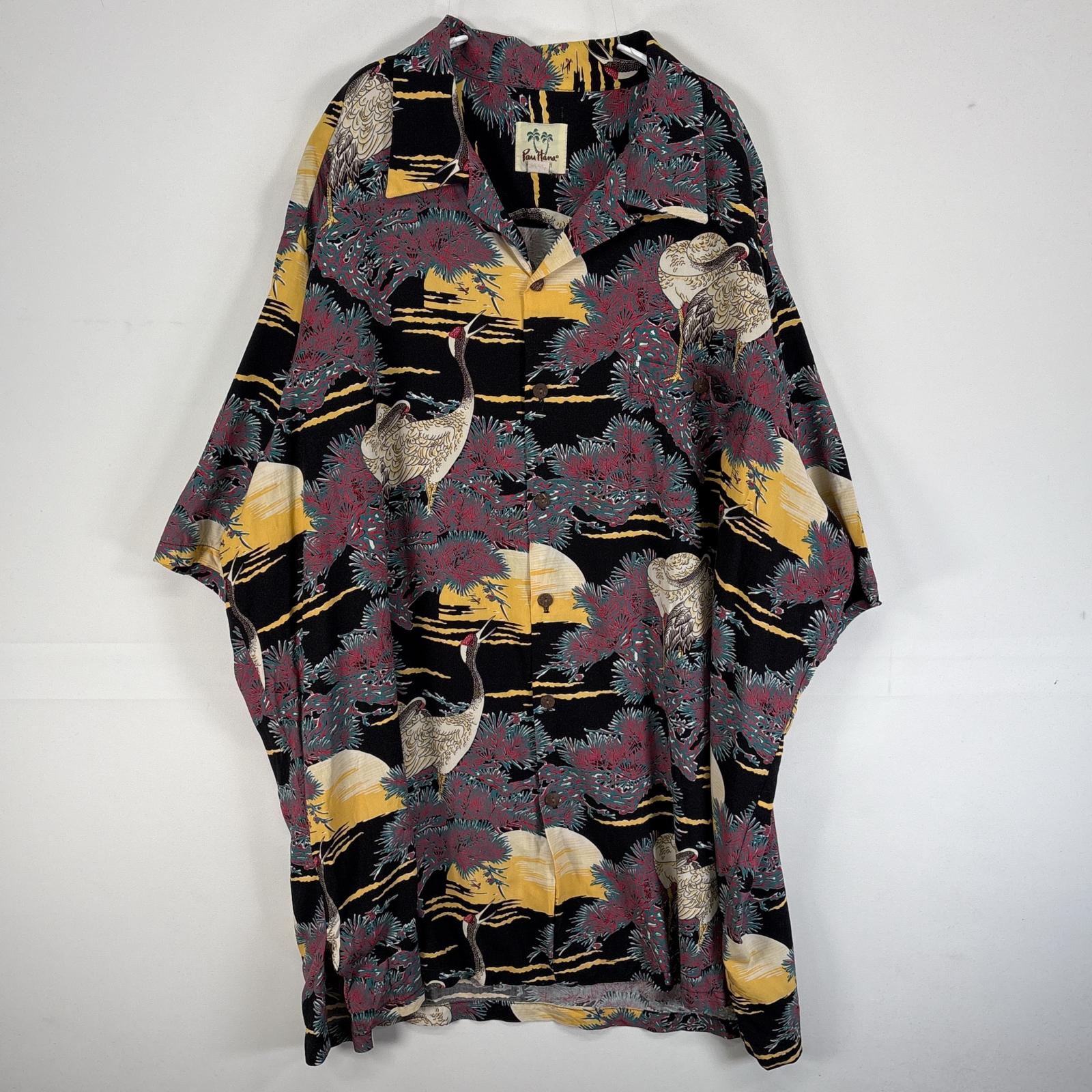 古着 Pau Hana 半袖シャツ アロハ レーヨン 大きいサイズ 鶴 松 ハワイ製 2XL ブラック 総柄 メンズ