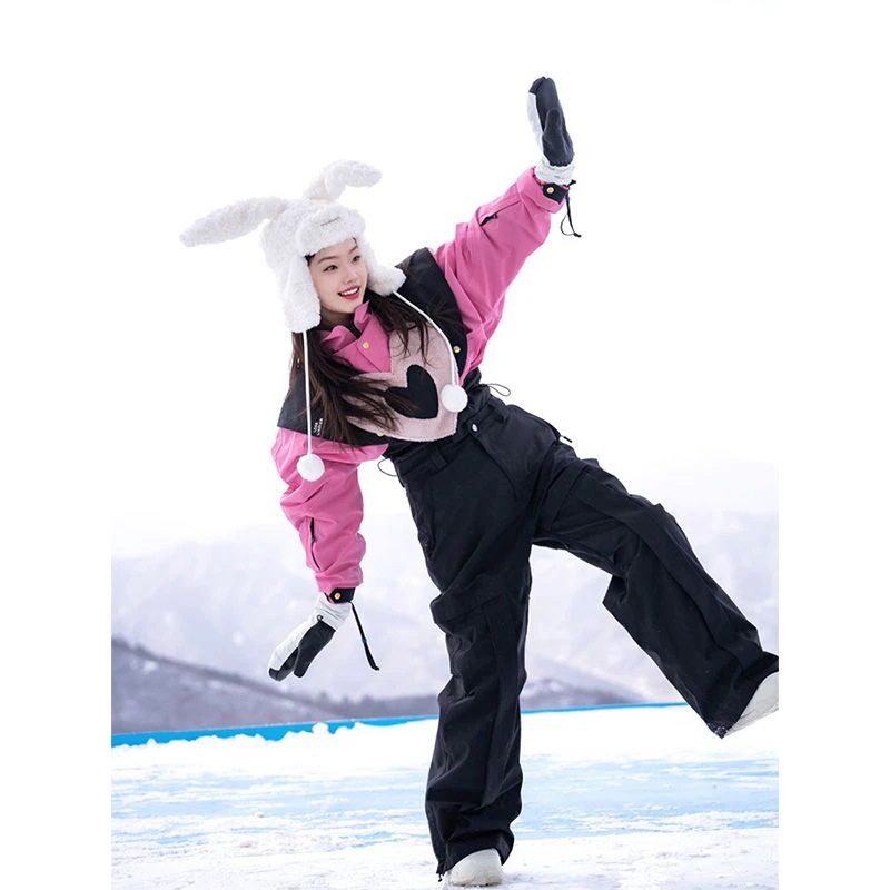 クンホワイトピンクスキージャケット女性用2024秋冬レトロデザイン防風防水ウォームスーツ