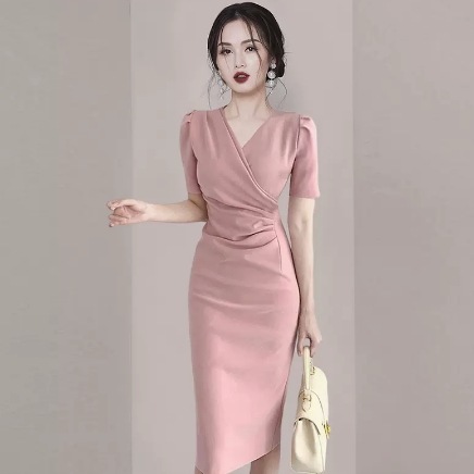 ワンピース ワンピドレス カシュクールワンピ ひざ丈 袖あり 半袖 パフスリーブ Vネック カシュクール タイト Aライン ウエストマーク ハイウエスト 大人可愛い きれいめ シンプル 大人 上品