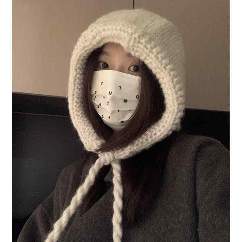 帽子 レディース 冬用 耳あて カバー 防寒 暖かい 厚手 ウール 韓国 柔らかい シンプル 無地 カジュアル 紐付き 赤 白 黒 普段使い サイクリング バラクラバ