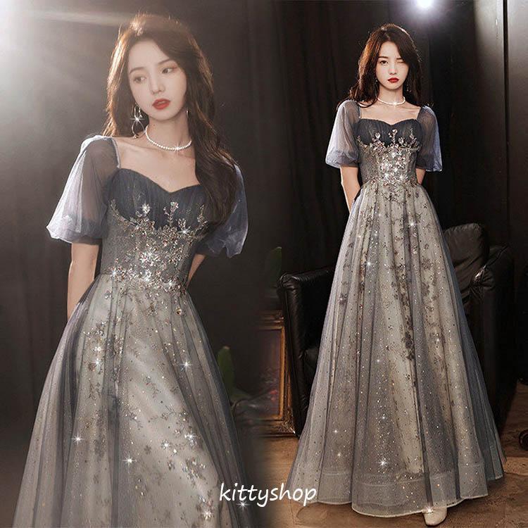 は30%値下げイブニングドレス スパンコール キラキラドレス キレイめ 発表会ドレス パフスリーブ ロングドレス パーティードレス 結婚式ドレス 二次会ドレス