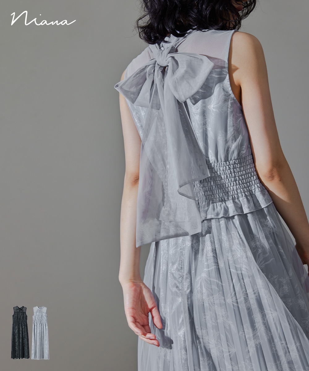 ボウタイフラワープリーツドレス パーティードレス 結婚式 ワンピース 花柄 チュール シアー リボン フレア プリーツスカート ノースリーブ ロング丈 お呼ばれ パーティー 二次会 披露宴 謝恩会