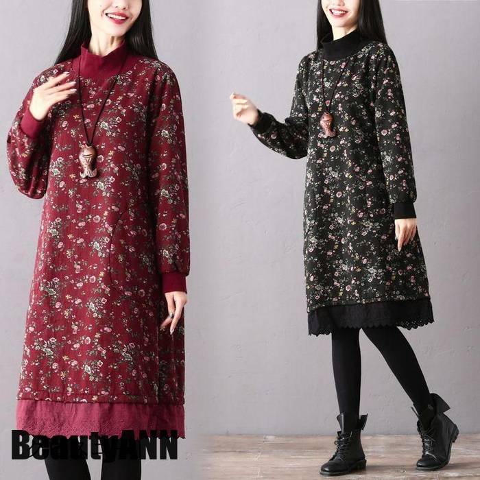 新生活 秋冬 ワンピース ロングスカート チュニック ロングワンピース トップス マキシワンピース 花柄 アウター 長袖 ハイネック 秋 冬 Aライン 暖かい プリント ロン 秋 春 冬 秋物 冬物 8,175円