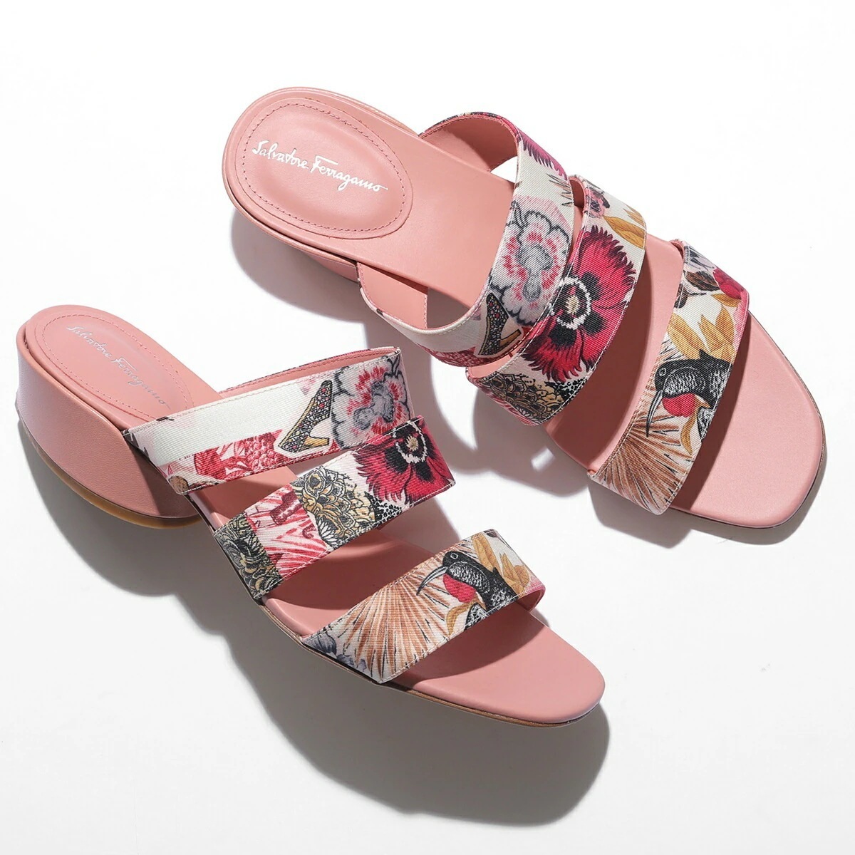 FERRAGAMO フェラガモ サンダル MAYA 30 1 0736622 レディース フラワープリント ミュール レザー オープントゥ ローヒール ロゴ シューズ 靴 PK-WH