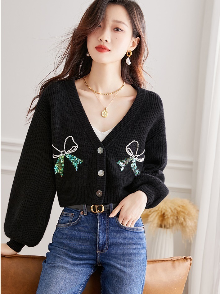 ランタンスリーブ ウール ニット カーディガン レディース 春 秋 アウター 秋 スパンコール ビーズ 黒 ショート セーター コート ブラック M L XL トップス 袖あり かわいい 大人可愛い