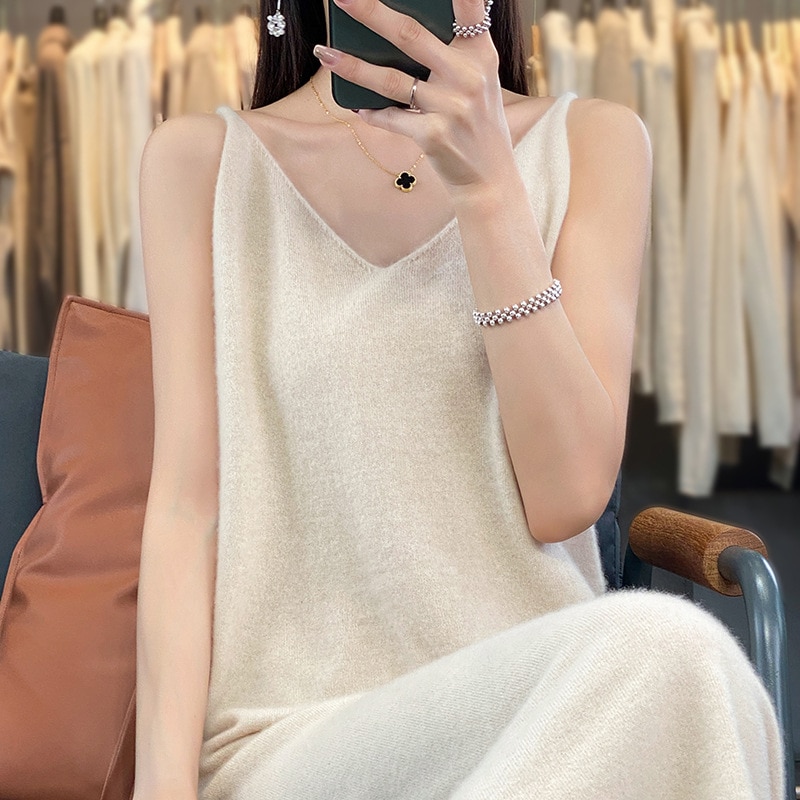 ウール 春 ニットワンピースノースリーブ ウール キャミソール オールマッチ Vネック スリミング 韓国