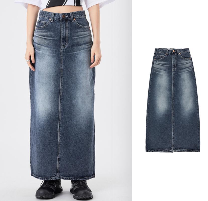 Raucohouse Back slit cat washed denim long skirt