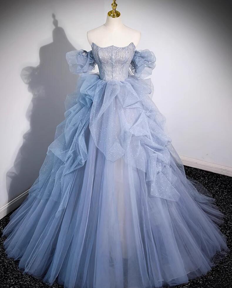 限定SALE!オフショルダー WeddingDress カラードレス 編み上げ ブルー ビスチェ ステージドレス ロングドレス ウェディウエディングドレス プリンセスドレス イブニングドレス コンサー