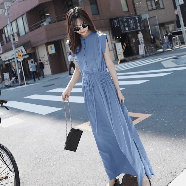 ワンピース ワンピドレス ロング ロング丈 ノースリーブ ラウンドネック スタンドカラー ストレート プリーツ リボン ウエストリボン ボタン かわいい 大人可愛い きれいめ シンプル カジュアル 7,739円