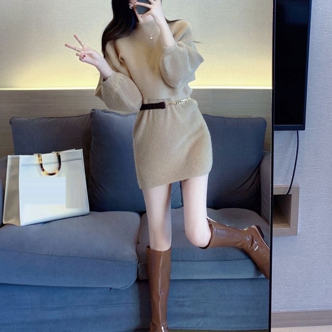 トップス ワンピース セットアップ ミニ丈 ショート丈 ノースリーブ 長袖 ハイネック スリム ストレート Iライン ベージュ ライトブラウン セーター ニット かわいい 大人可愛い きれいめ