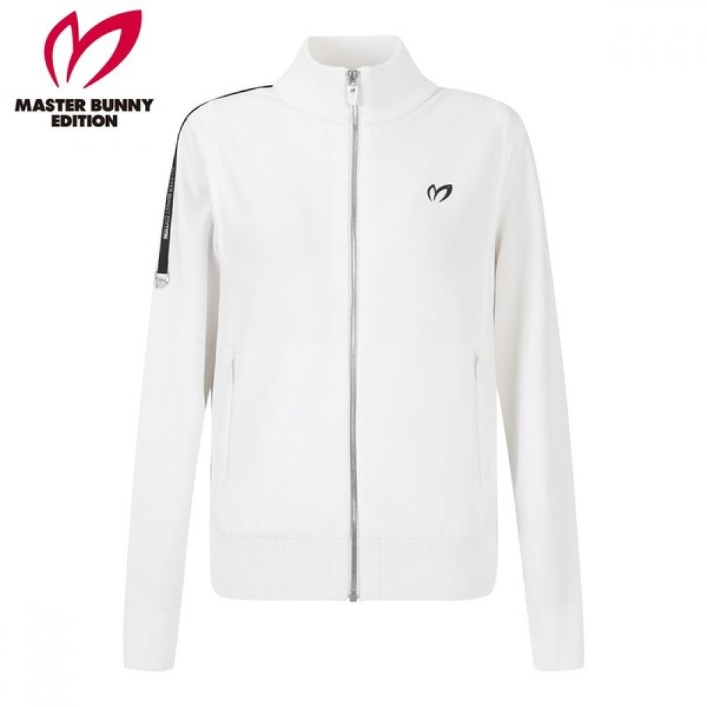 [マスターバニー] レディースロゴラインバックウーブンジップアップカーディガン