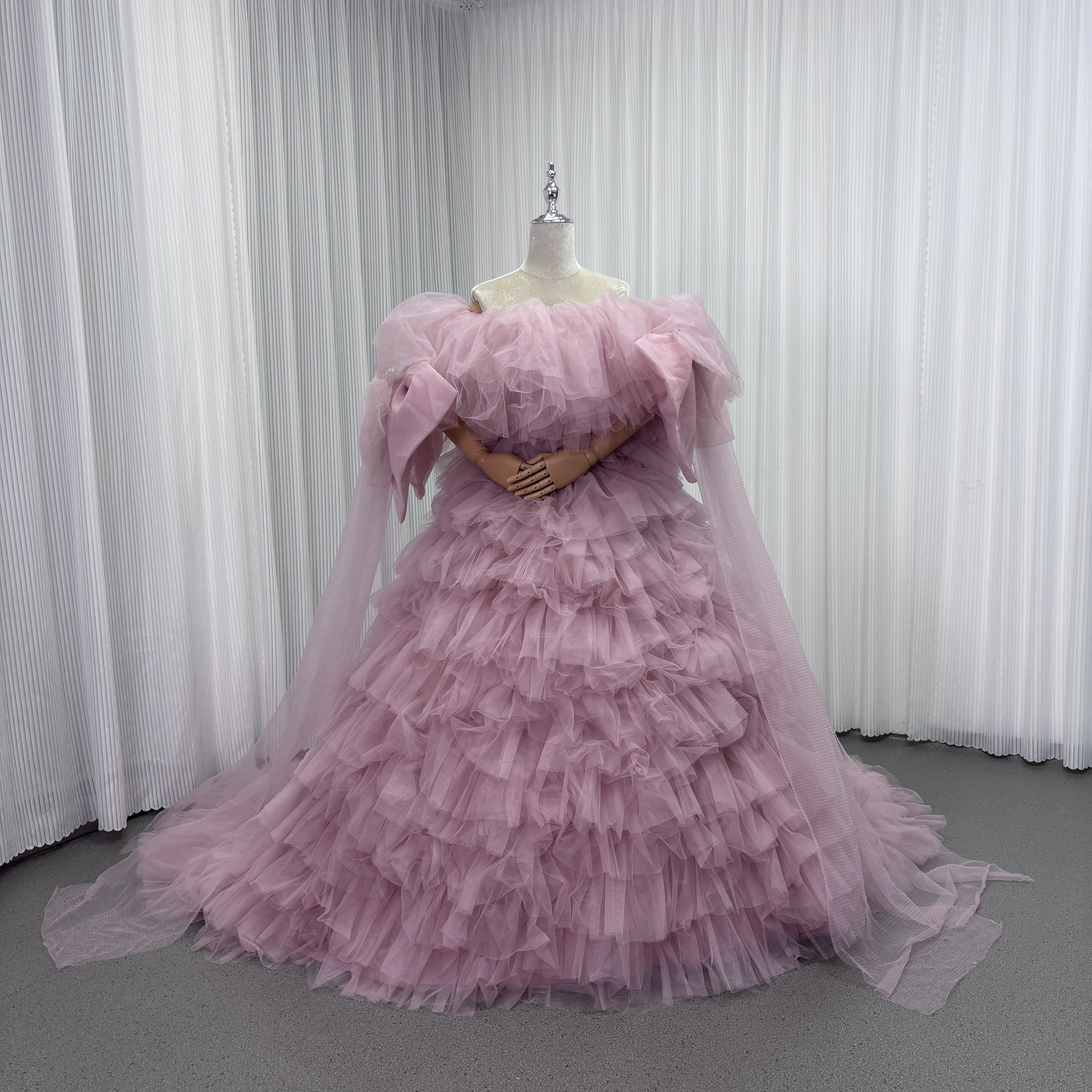 カラードレス ピンク オフショルダー 取り外し可能な付け袖 リボン チュールドレス ファスナー 結婚式 前撮り