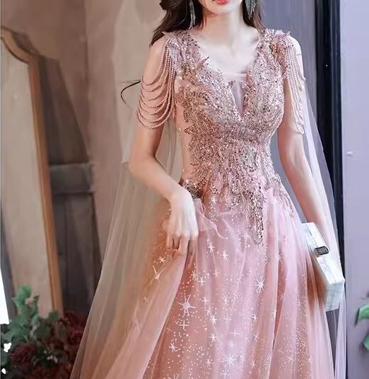 レディース ドレス ロング 袖なし ノースリーブ Vネック フレア ふわふわ ビジュー かわいい 大人可愛い きれいめ シンプル 上品 おしゃれ レトロ エレガント 主役級 存在感 とろみ感 ラブリー