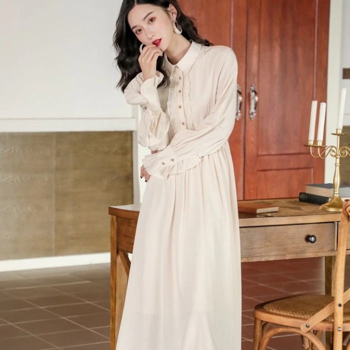 シャツワンピース ワンピース シャツワンピース ロング ロング丈 袖あり 長袖 襟付き フリル 前開き 透け感 シースルー ポリエステル かわいい 大人可愛い きれいめ シンプル カジュアル 大人