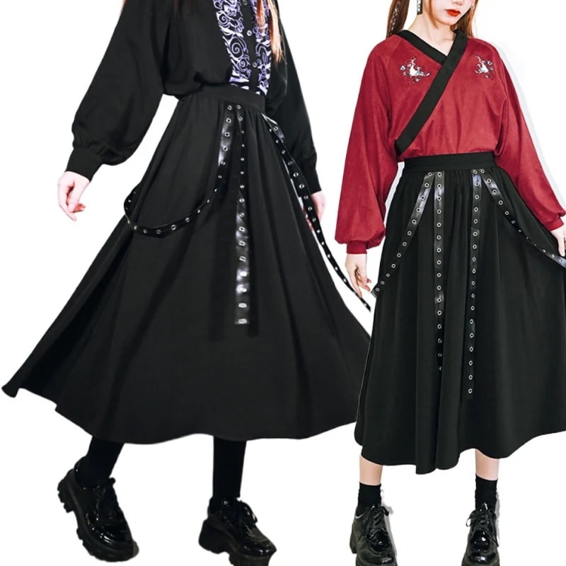 Aラインスカート 黒 ベルト飾今週の割引は 25% オフです ハイウエスト ボトムス 着瘦せ 合わせやすい 不規則 ロング