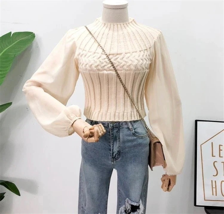 お急ぎください韓国ファッション シフォン お出かけ パフスリーブ 縫付 スリムフィット セーター